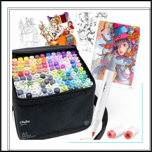 Ohuhu マーカーペン 筆タイプ 120色121本 プロ愛用 イラスト イラストマーカー 筆・細字 ブレンダーペン1本付き Honolulu Bシリーズ