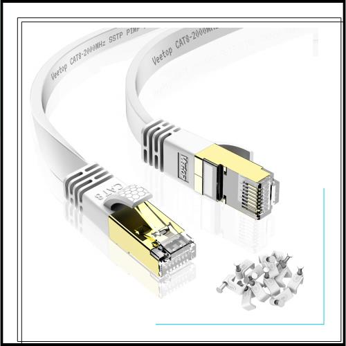 50m Veetop LANケーブル CAT8 フラット 二重シールド 企業用 工業用 防水 屋外 難燃性 耐候性 有線らんけーぶる 鍍金コネクタ RJ45 爪折