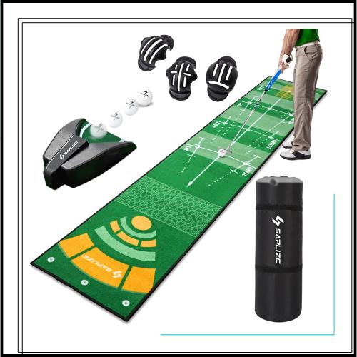 Saplizeセープライズ ゴルフパター練習用マット ボールマーカー・自動ボールリターナー付き 滑り止め 50*305cm