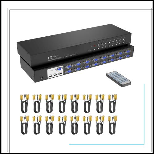 16 ポート KVM スイッチ、Yinker ラック KVM コンソール VGA 16入力 1出力 16本 KVMケーブル IRリモコン＆イヤー付き HD 1080P 1U ラック