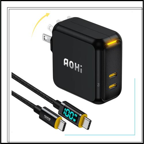 AOHI 100W 充電器PD 充電器 100W 2ポート充電器 type-c 【 PSE技術基準適合/折りたたみ式/最軽量/GaN+ 】 タイプc 充電器、MacBook Pro/A