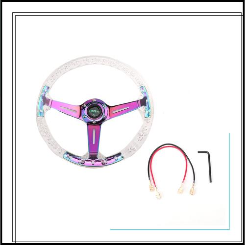 ZS ステアリング ハンドル 340mm ネオ クローム 6 ホール ディープ ディッシュ クリスタルバブル 透明 (虹)
