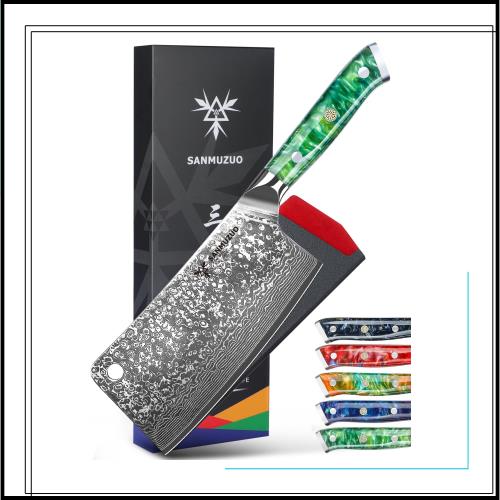 SANMUZUO Chopping Knife - 7 inch Cleaver Knife- Xuan Series - 67 Layers Damascus Steel Kitchen Knife - Resin Handle (Jade Green)