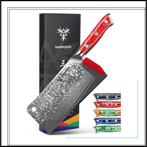 SANMUZUO Chopping Knife - 7 inch Cleaver Knife- Xuan Series - 67 Layers Damascus Steel Kitchen Knife - Resin Handle (Sunset Red)