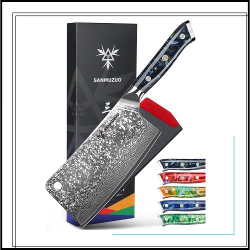 SANMUZUO Chopping Knife - 7 inch Cleaver Knife- Xuan Series - 67 Layers Damascus Steel Kitchen Knife - Resin Handle (Starry Blac
