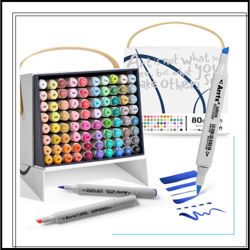 Arrtx OROS マーカーペン 80色 アルコールマーカー 筆タイプ 筆・太字 イラストマーカー ペンスタンド、織りバッグ付き ホビー 画材 漫画
