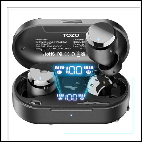 TOZO T12 ワイヤレスイヤホン 2025 極上の音体験 迫力かつ繊細な音 LEDディスプレイ電池残量表示 防水性能 ENCノイズキャンセリング カス
