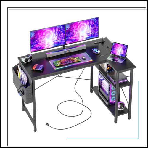 TIQLAB ゲーミングデスク パソコンデスク L字型デスク 幅120x70cm コンセント付き 棚付き コーナーデスク ワークデスク 勉強机 作業机 オ