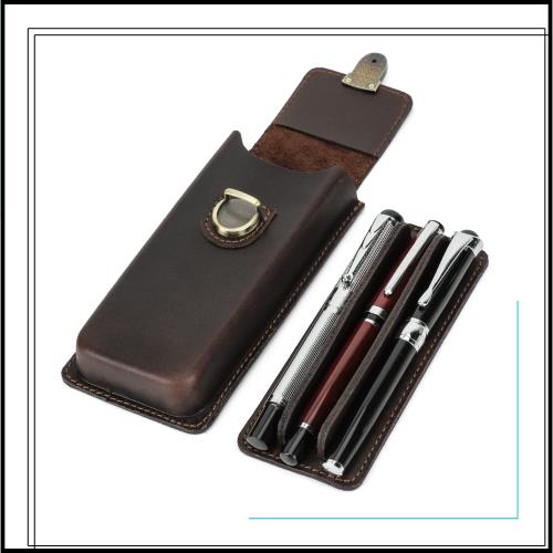 HIRAM 分離式設計 ペンケース 万年筆 ペン ケース シンプル スリム 3本 収納 本革レザー （Coffee）