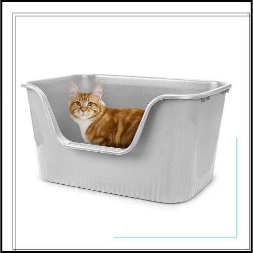 超大型猫用トイレ オープンタイプ 大きい猫 多猫 本体 簡単掃除 清潔 飛散防止 一体成形 幅64×奥45×高33cm（グレー）