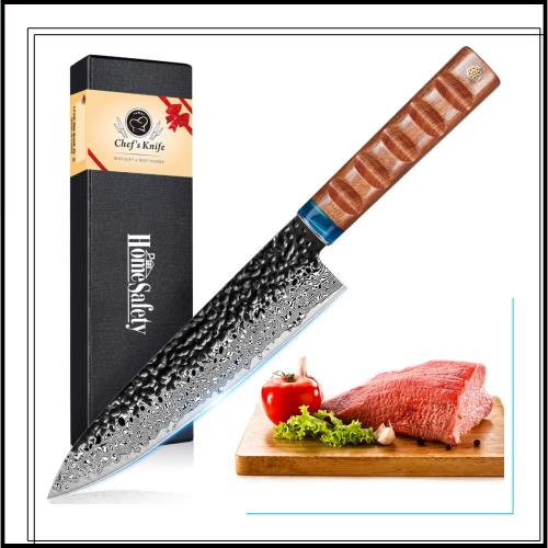 HomeSafety 包丁 牛刀包丁 ダマスカス包丁 刃渡り206mm. プロ用シェフナイフ 洋, キッチン用万能. 手打ち鍛造三徳, 槌目 ダマスカス模様