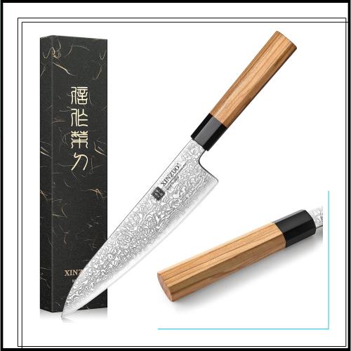XINZUO 21.5cmダマスカス鋼シェフナイフ -プロの鋭いキッチンナイフGyutoナイフ -肉と野菜を切るためのダマスカス鋼調理ナイフ-オリーブ