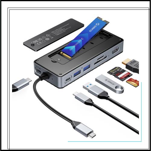 ORICO 8-in-1 M.2 SSD 外付けケースー付きUSB Cハブ、USB-C ドッキングステーション、10Gbps USB 3.2 Gen2 M.2 NVMe/SATA 両対応ケース、