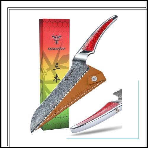 SANMUZUO 8 インチ 鋸歯状ブレッドナイフ、超鋭利ダマスカス鋼