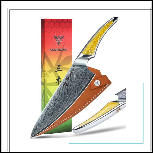 SANMUZUO 8 インチ シェフナイフ、超鋭利ダマスカス鋼キッチンナイフ、イエロー樹脂のフルタングハンドル付き調理ナイフ、LA-S9 シリーズ