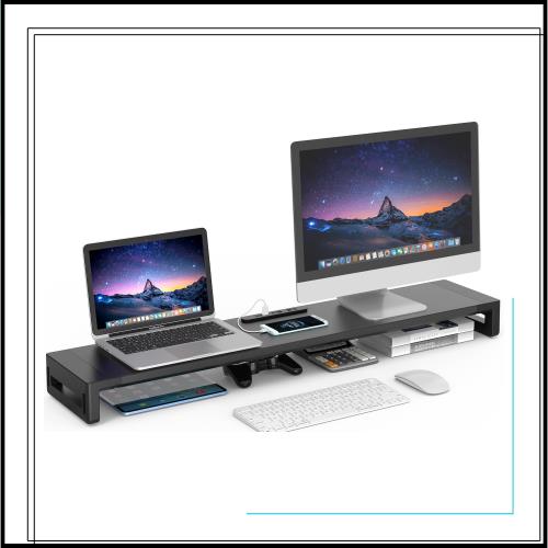 EAYHM デュアル モニター 台 USB口/2口コンセント付き 机上台 2画面ディスプレイ 台 幅3段階(100-110cm)可変モニタースタンド ノートパソ