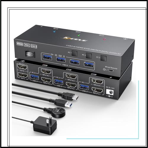 KCEVE HDMI USB3.0 KVM切替器 4K@60Hz 2K@120Hz デュアルモニタ 4つのUSBポート EDID保持 KVM切替器 1組のキーボード、マウスで、PC3台、