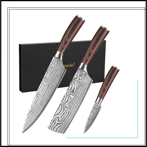 Sunnecko 包丁 包丁セット 牛刀包丁 菜切り包丁 ペティナイフ 3点セット 高炭素ステンレス ダマスカス模様 木製ハンドル 長持ち 両刃 肉