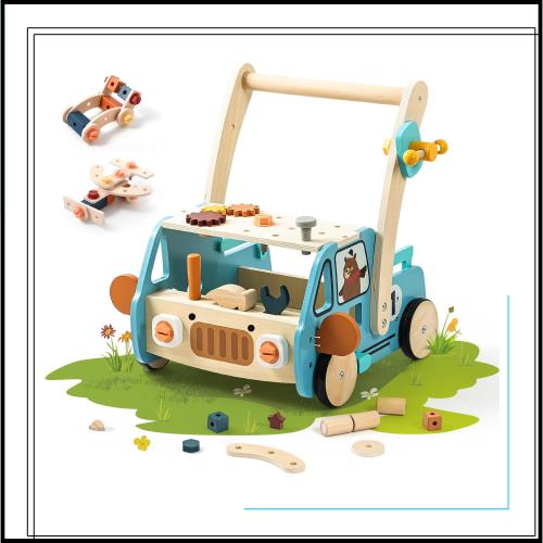 Mamimami Home 手押し車 赤ちゃん 木製 カタカタ おもちゃ 大工ごっこ 子供 1歳 お祝い 誕生日プレゼント（ブルー）