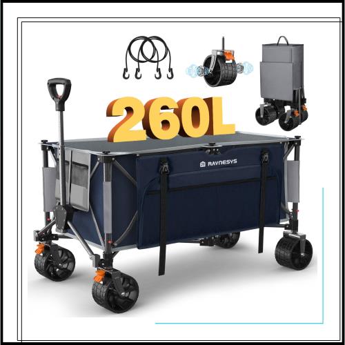 Raynesys キャリーワゴン 大容量260L 耐荷重200kg アウトドアワゴン 折り畳み式キャンプカート ワンタッチ収束式 自立収納 静音 ブレーキ