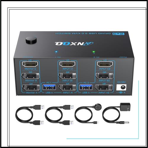 ANXQQ 2入力3出力 KVMスイッチ HDMI + 2Displayport、8K@60Hz/4K@144Hz KVM Switch、クローン/拡張モードをサポート、3つのディスプレイ