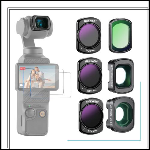 NEEWER ND/PLフィルターセット(4枚)＆0.75X広角レンズ コンパチブル DJI Osmo Pocket 3 ND8/PL ND32/PL ND64/PL ブラック拡散1/4フィルタ