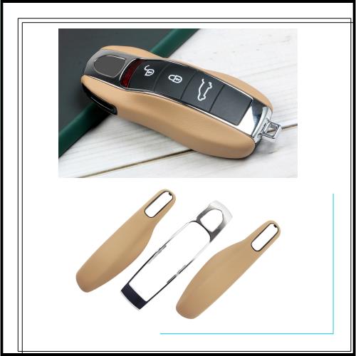 レザーキーケースキーカバー、ポルシェマカンカイエンヌパナメラのカーキー保護キーチェーン911ボクスターケイマン718 （ベージュ）