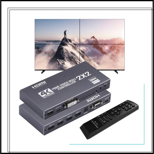 2x2 HDMI ビデオウォールコントローラー 4K HDディスプレイ 1920x1080P 60Hz HDMI DVI RS232 映像入力 IRリモコン付き、縁消し、90°/180