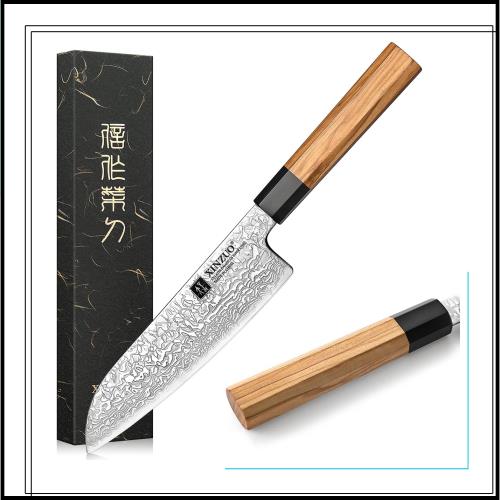 XINZUO 18.5cm三徳包丁 -67層ダマスカス鋼多機能キッチン料理野菜ナイフ-プロの鋭い肉切断手作り八角形オリーブウッドハンドル-Zhenシリ