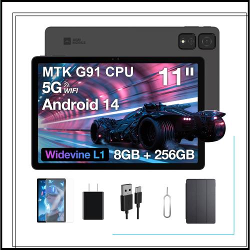 AGM 11インチ Android 14タブレット 8GB RAM+256GB ROM+512GB拡張｜高性能MTK G91搭載｜顔認証｜学習モード｜WiFi 5G＆Bluetooth 5.0対応