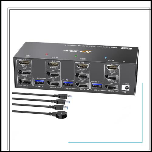 2 Displayport + HDMI USB 3.0 KVMスイッチ 3モニター 3コンピューター、8K@60Hz、4K@144Hz トリプルモニターKVM、4 USB 3.0ポート、KVM