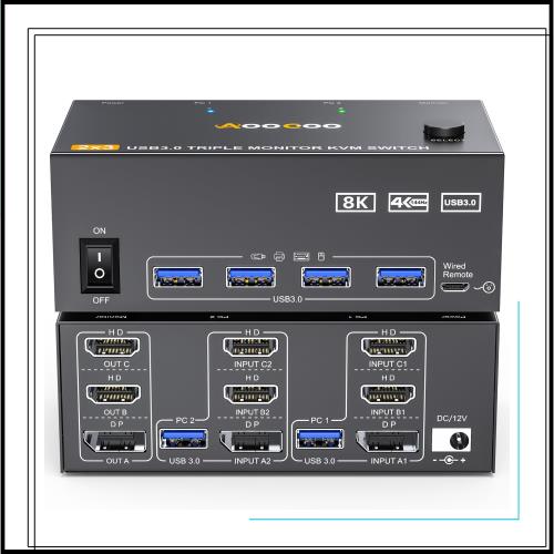 KVMスイッチ 3モニター 2コンピューター、ディスプレイポート+2 HDMI KVMスイッチャー 8K@60Hz、4K@144Hz トリプルモニターKVM、4つのUSB
