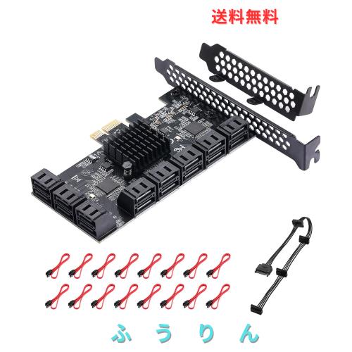 MZHOU PCle16ポートSATAIIIコントローラー拡張カード、6Gbps X1 / X4 / X8 / X16、16個のSATAケーブルとロープロファイルブラケット（ASM