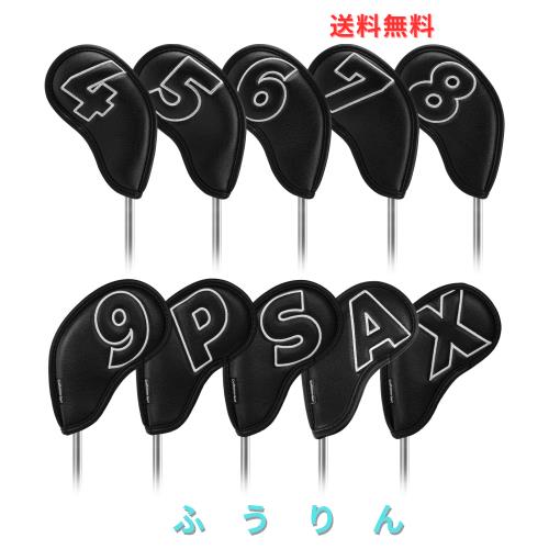 ゴルフアイアンカバー マグネット ウェッジカバー クラブヘッドカバー セット 10pcs(4-9,P,A,S,X) 両面銀色番号 黒い合成皮革