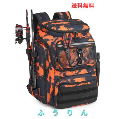 ロッドホルダー付き釣りバックパック - 45L 大型防水フィッシングバッグ、アウトドアキャンプ・ハイキング用装備向け (黒オレンジの落書