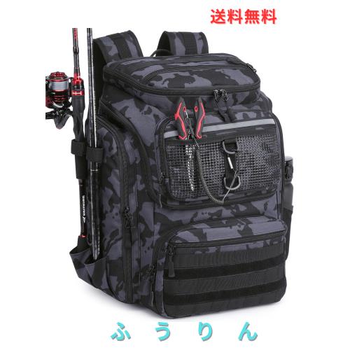 ロッドホルダー付き釣りバックパック - 45L 大型防水フィッシングバッグ、アウトドアキャンプ・ハイキング用装備向け (ブラックブルー迷