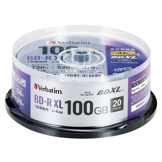 Verbatim バーベイタム 1回録画用 ブルーレイディスク BD-R XL 100GB 20枚 ホワイトプリンタブル 片面3層 2-4倍速 VBR520YP20SD4