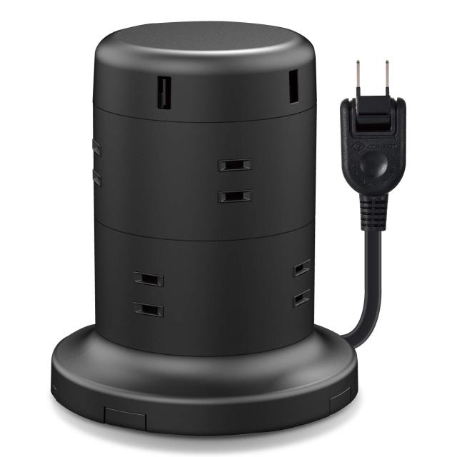 エレコム 電源タップ タワー型 延長コード [ 8個口 ＆ USB×5ポート ] 固定パーツ付 雷ガード ほこりシャッター 2m ブラック ECT-0620BK