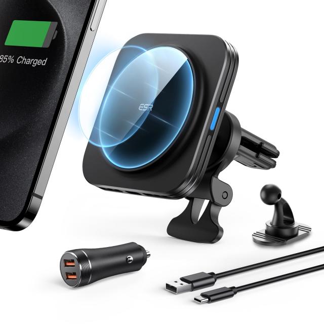 ESR スマホホルダー 車 ワイヤレス充電 magsafe 車載ホルダー 15W magsafe充電器 エアコンルーバー/ダッシュボード式車載ホルダー 磁気吸