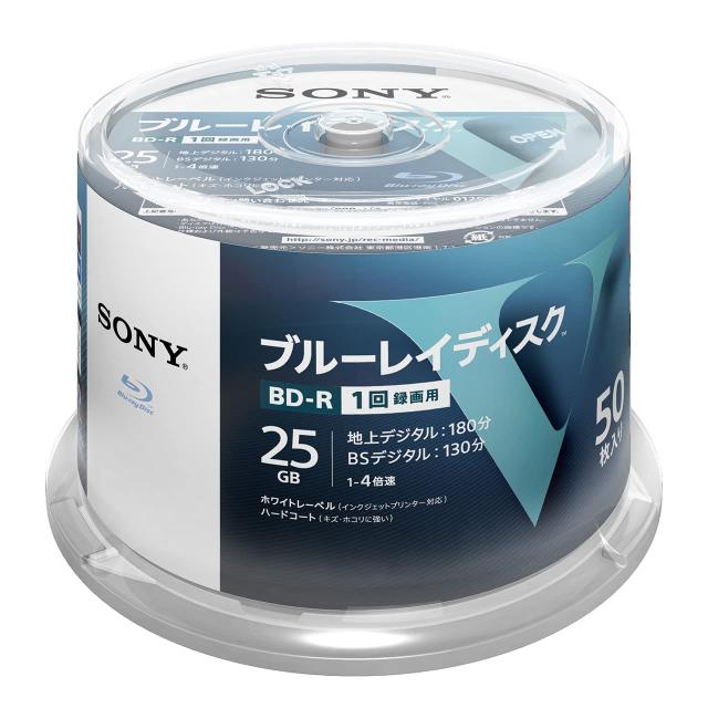 ソニー ブルーレイディスク BD-R 25GB (1枚あたり地デジ約3時間) 1回録画用 50枚入り 4倍速ダビング対応 ケース無し 50BNR1VLPP4 ホワイ