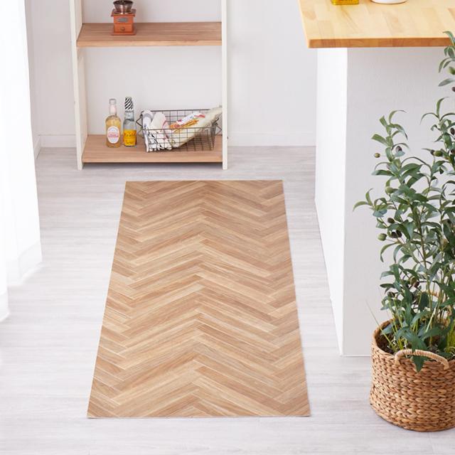 萩原 クッションフロア (約90×300cm,木目ヘリンボン) 水拭きできる 抗菌 防カビ 抗ウイルス 防炎 滑り止めシール付き カットOK 日本製