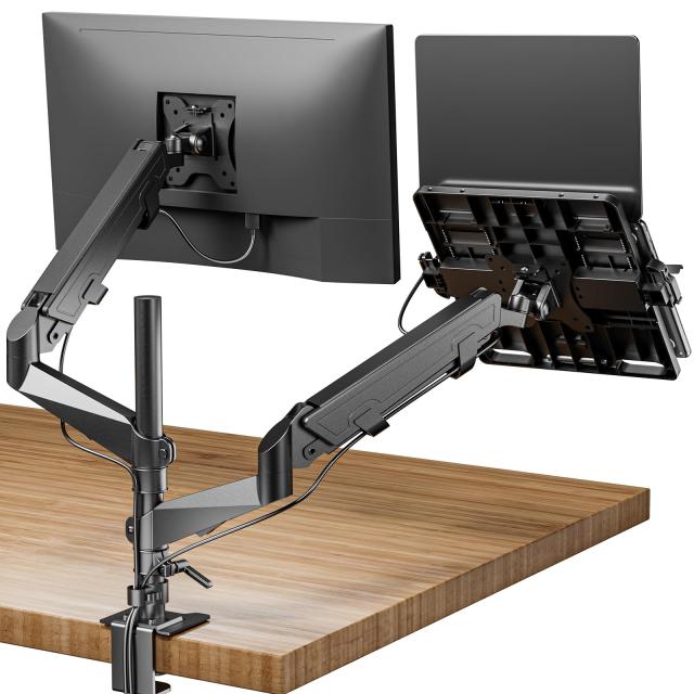 【止めネジ式VESA】工匠藤井 デュアルモニターアーム 液晶ディスプレイアーム PCトレイ付き 高度0-90cm ガススプリング式 15〜32インチ対