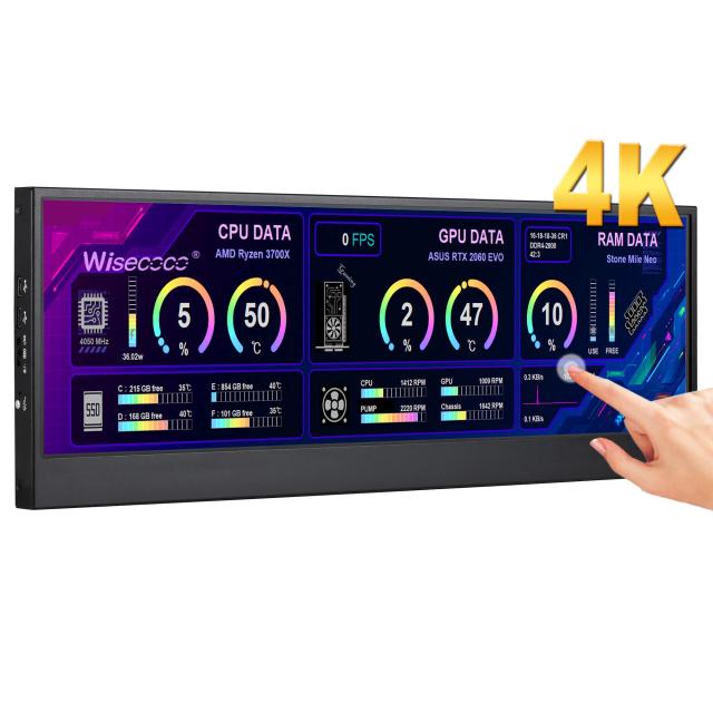wisecoco 14インチ バータイプ液晶モニター 4K UHD IPS 3840x1100 タッチパネル搭載 スピーカー内蔵 PC CPU RAM HDDデータ表示 ミニHDMI
