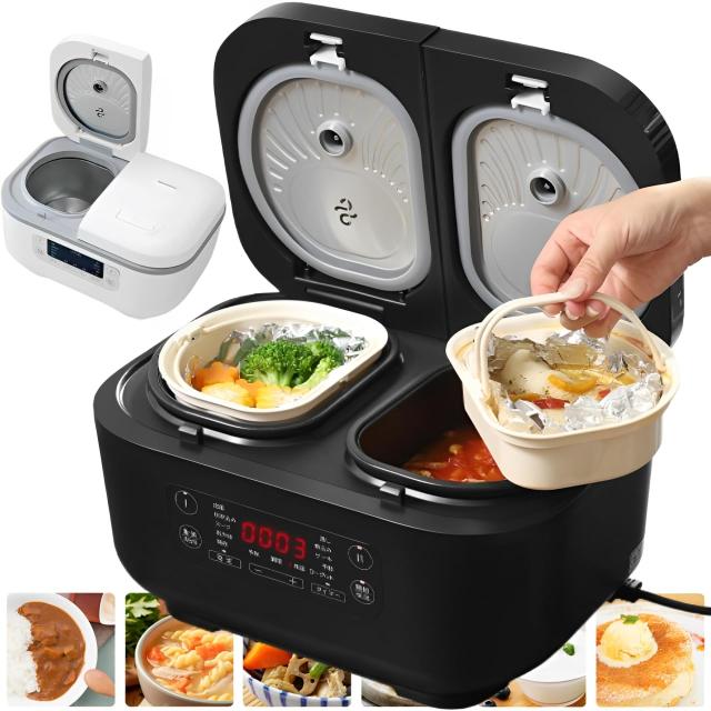 life_mart 炊飯器 3.5合 × 2口 【 料理も出来る 同時 別々 調理 可能 一人暮らし 】 ホワイト ブラック 多機能炊飯器 ダブルクック おし