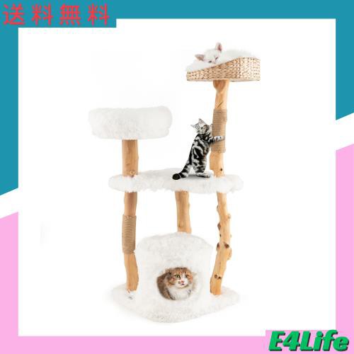 GYMAX キャットタワー 木製 高さ124cm ふわふわ生地 猫ハウス 猫タワー 猫部屋 猫用 据え置き 多頭飼い 天然麻紐 爪とぎ 爪磨き 展望台