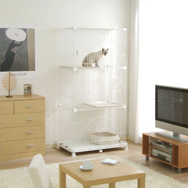 アイリスオーヤマ 猫 臥せ篭 オリジナルペットケージ 3段 キャスター付 白いこと 猫用・多頭飼い 高さ約178×幅約93×奥ふかさ約63糎