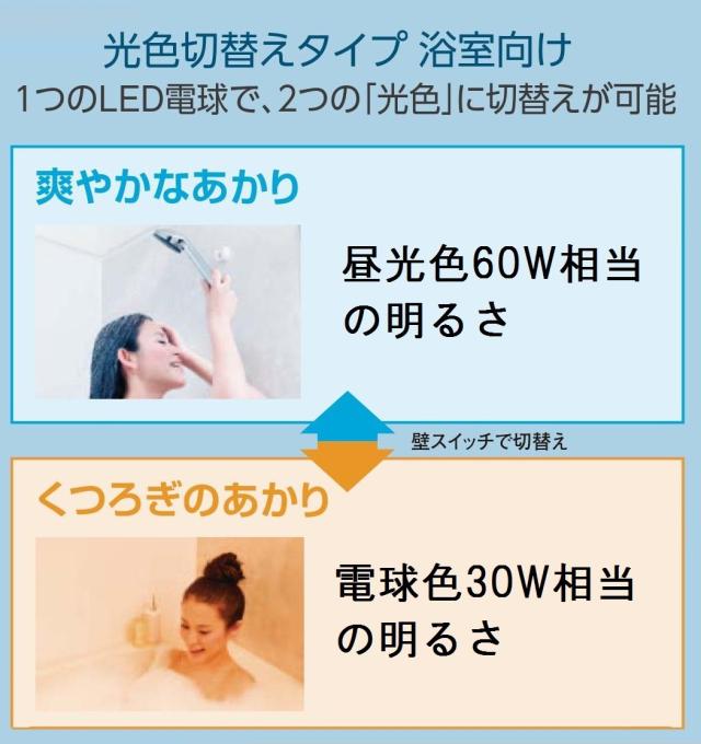 パナソニック LED電球 口金直径26mm 電球60W形相当 昼光色相当(9.0W)/電球色相当(6.6W) 一般電球・光色切替えタイプ 浴室向け 密閉形器具