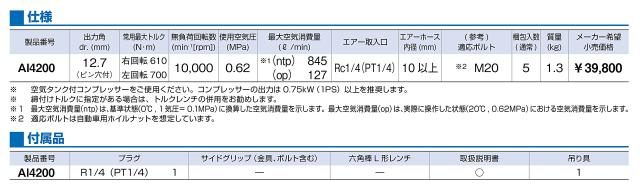 トネ(TONE) エア-インパクトレンチ(ショートタイプ) AI4200 差込角12.7mm(1/2”) レッド 700N・m_2