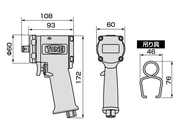 トネ(TONE) エア-インパクトレンチ(ショートタイプ) AI4200 差込角12.7mm(1/2”) レッド 700N・m_3