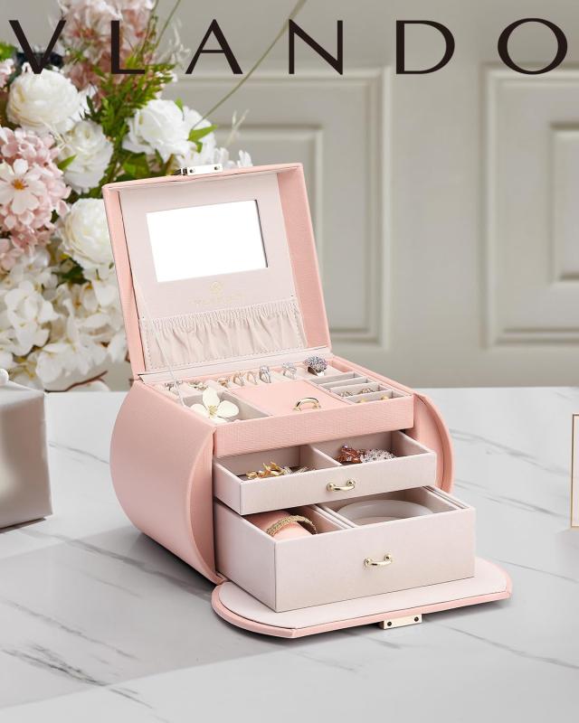 Vlando 半円形ジュエリーボックス 中規模の宝石箱 プレゼントミラー 鏡付き ピアス ネックレス 指輪 リング アクセサリー 指輪置き ジュ